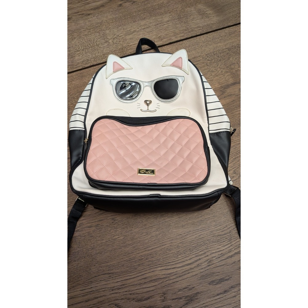 Girl's School Backpack, Luv Betsey by Betsey Johnson Cat Theme White and Pink